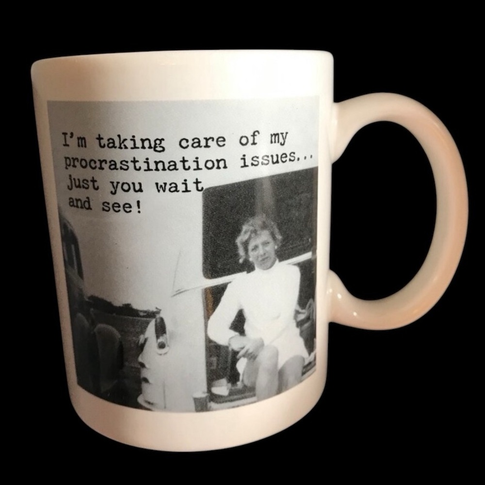 Vintage Procrastination Humorous Mug From Trash Talk by Annie